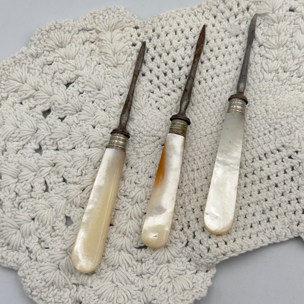 Antique Mother of Pearl Nut Picks Stilettos Set of 3 Victorian Shell Handles